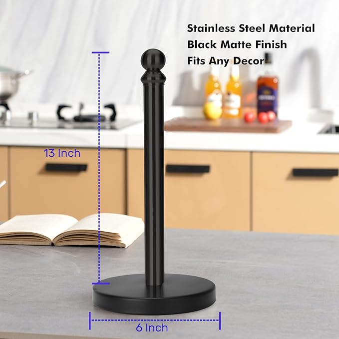 Paper Towel Holder Countertop, Standing Paper Towel Roll Holder for Kitchen Bathroom, with Weighted Base for One-Handed Operation (Black)