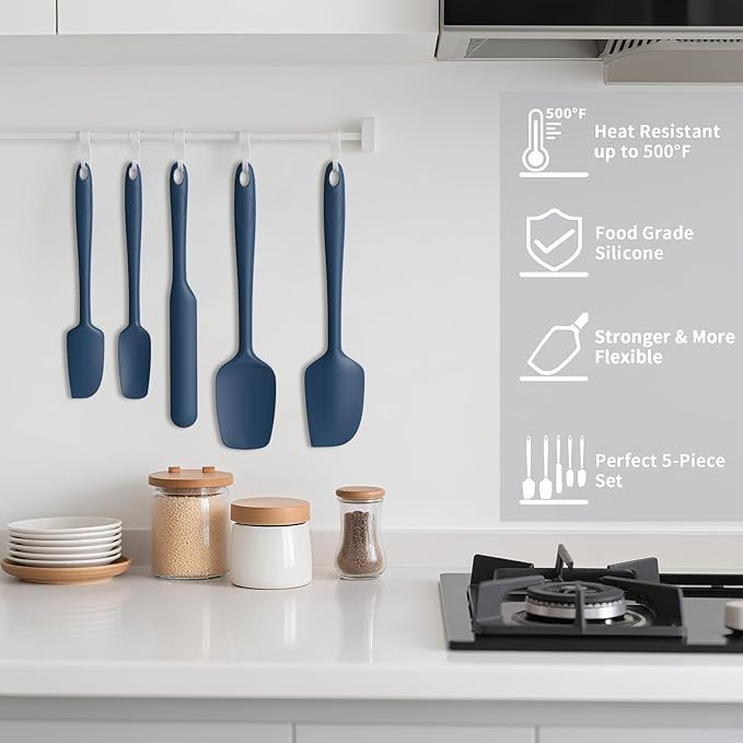Coukre Silicone Spatula Set of 5,High Heat Resistant, Food Grade Silicone, Upgraded Extended Reinforced Handle,Dishwasher Safe, for Baking, Cooking (Pure Dark Blue, Color block)