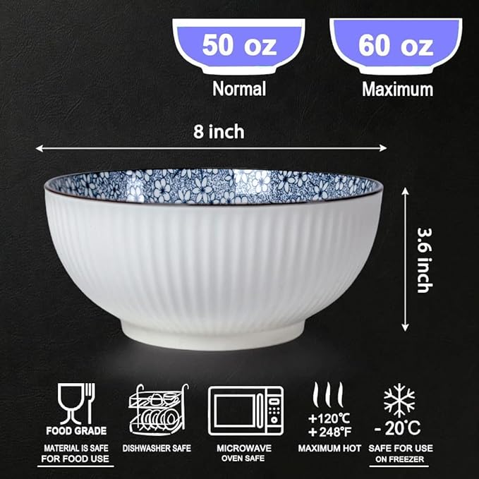 Houlu 60 oz Pho Bowls, Large Soup Bowl, Japanese Ramen Bowl Set, 8 inches Big Porcelain Bowls Set of 3, Floral Pattern