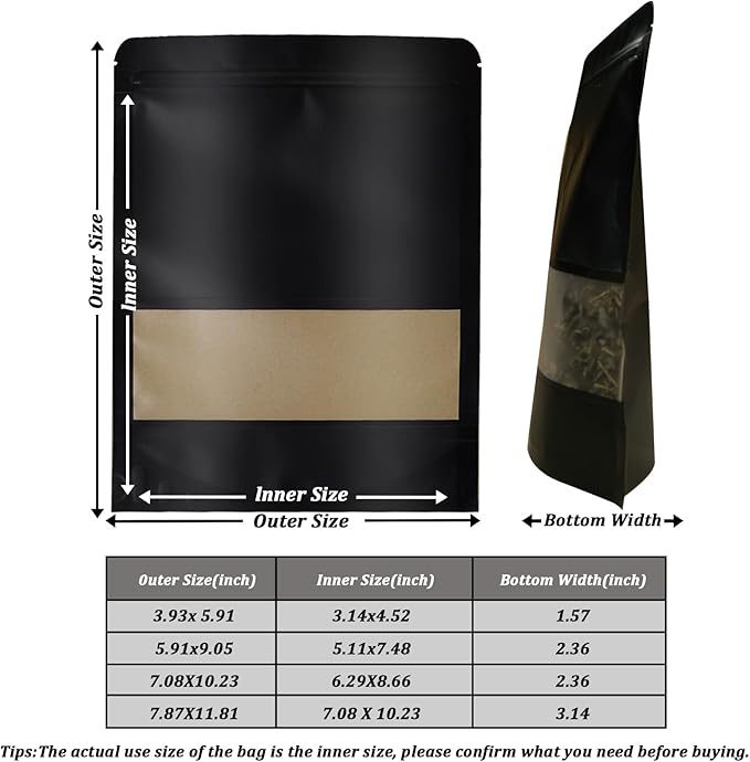 100 PCS Resealable Stand Up Kraft Paper Bags With Matte Window, Zipper Lock Food Storage for Small Business and Home, 7.87 * 11.81 Inches Reusable Sealable Packaging - Black