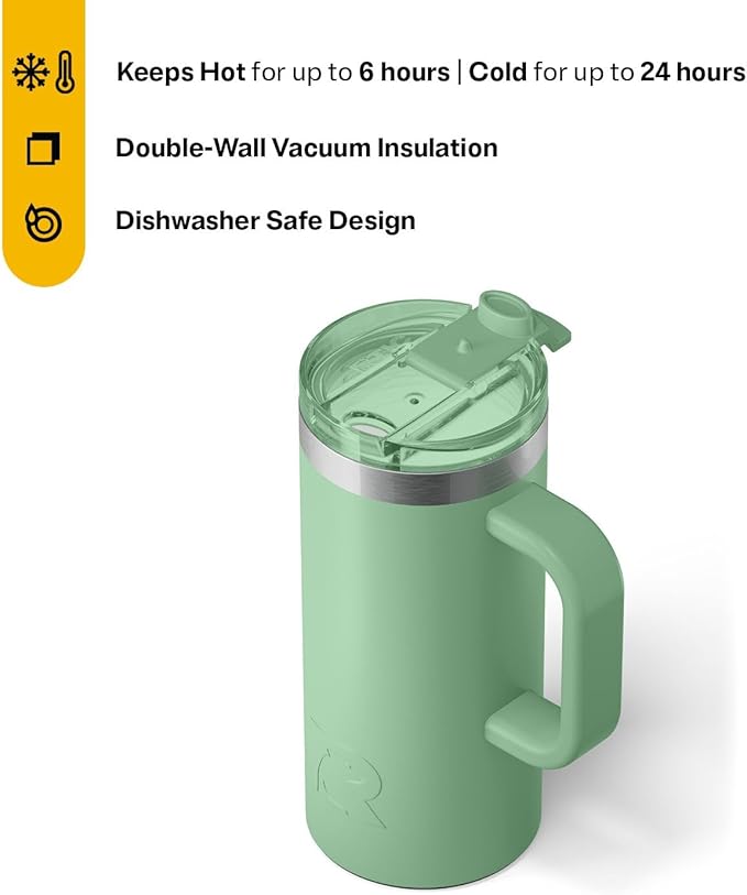 RTIC 16oz Road Trip Travel Mug with Lid and Handle, Ceramic Lined, Insulated, Stainless Steel, Metal, Double Wall Vacuum-Insulation, Portable Coffee, Tea Cup for Hot and Cold Drink, Sage