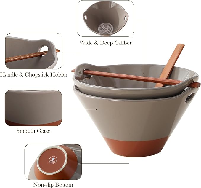 MALACASA 42 oz Ceramic Ramen Bowl Set with Wooden Spoon & Chopsticks, Japanese Style Soup Bowls for Ramen, Pho, Noodles – Set of 2, Microwave & Dishwasher Safe, Series TARA (Brown and Khaki)