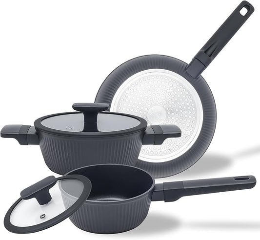 Non-Toxic Ceramic Cookware Set, 3-Piece Black Pots and Pans Set Non Stick, PFOA & PTFE Free, For All Stovetops Induction, Dishwasher Safe with Stay-Cool Handles