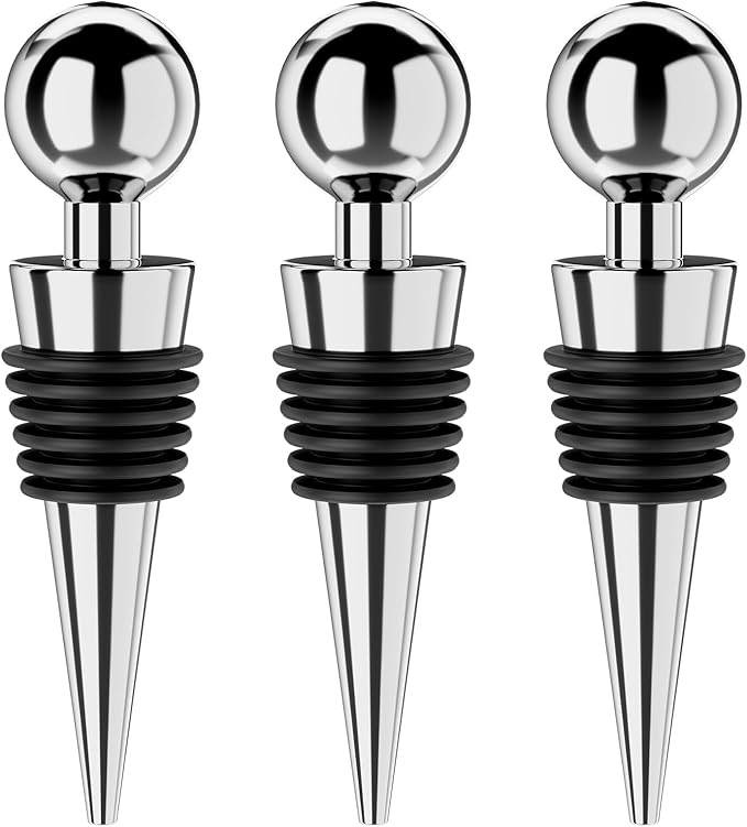 Wine Stoppers for Wine Bottles 3Pcs Vacuum Wine Bottle Stopper with Silicone Reusable Wine Corks, Leak proof Keep Fresh Suitable for Standard (Silver, 3 Pack)