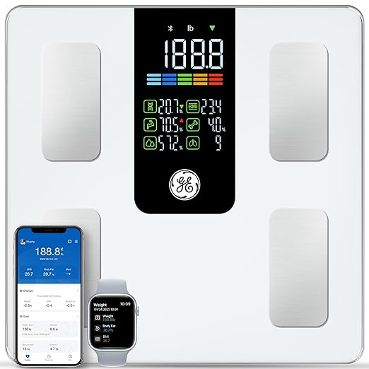 GE Smart Scale for Body Weight, BMI, Body Fat, Muscle Mass, Digital Bathroom Scales Bluetooth Body Composition Monitor Large Platform Accurate Weighing Health Analyzer with App 500lbs, White