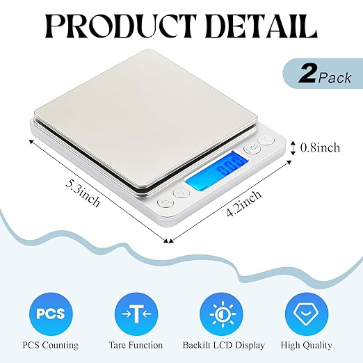 2 Pack Digital Gram Scale 500g/0.01g, Portable Jewelry Food Scale with 20g Calibration Weight Accessories, Tweezers, LCD Display High Precision Kitchen Multifunctional Stainless Steel