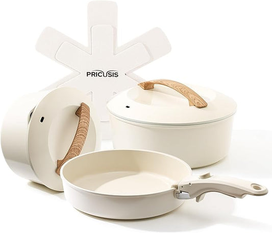 PRICUSIS Ceramic Pots and Pans Set with Detachable Handle, Non-toxic Nonstick 8pcs Cookware Set with Die-cast Lids, Dishwasher & Oven Safe, PTFE PFOA PFAS Free, Perfect for College Dorm, Cream White