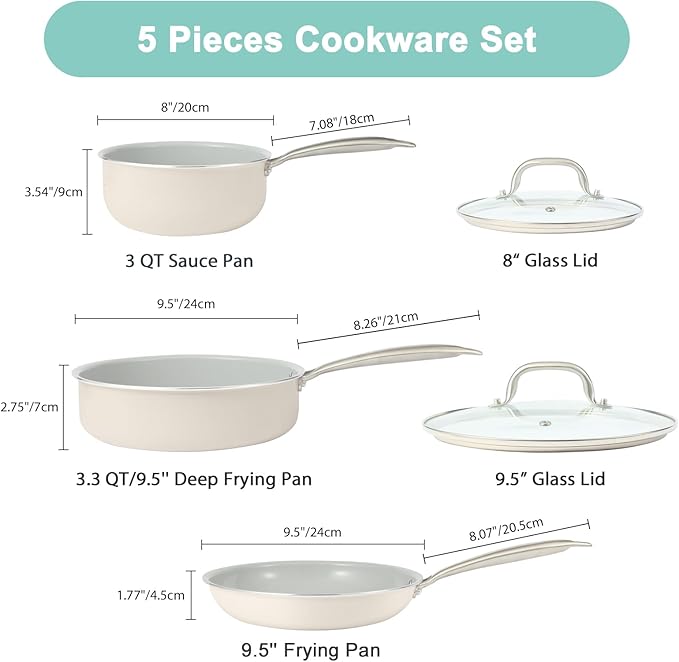 5PC Induction Cookware Set with Tempered Glass Lids, Ultra Nonstick Pots and Pans Set with Stainless Steel Handle, Oven Safe and Dishwasher Safe, Non Toxic & Ceramic Cooking Set, Cream White