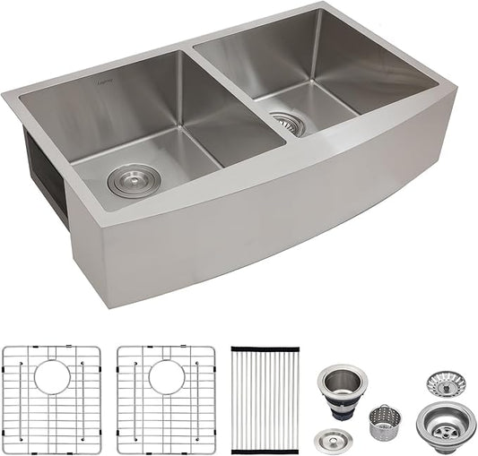 Logmey 33 Inch Double Farmhouse Sink - Apon Front Double Kitchen Sink 16 Gauge Stainless Steel Farmhouse Sink 33x20x9 Inch Double Bowl 60/40 Kitchen Sink