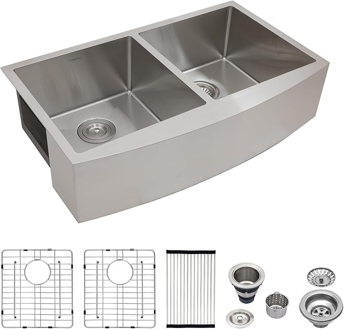 Logmey 33 inch Double Bowl Farmhouse Sink - 33x20 16 Gauge Stainless Steel Farm Sink Apron Front 50/50 Farm Kitchen Sinks
