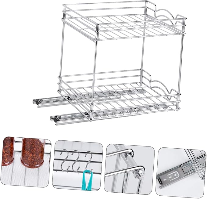 Healifty Heavy Duty Double Pull Out Spice Organizer Rack Slide Out Kitchen Countertop Storage Stand Metal Construction Space-saving Seasoning Holder for Cabinet and Home Use