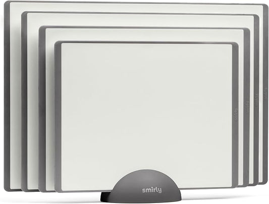 SMIRLY Plastic Cutting Board Set with Holder 4 Pieces, Non-Slip Dishwasher Safe Chopping Boards for Kitchen, Grey & White