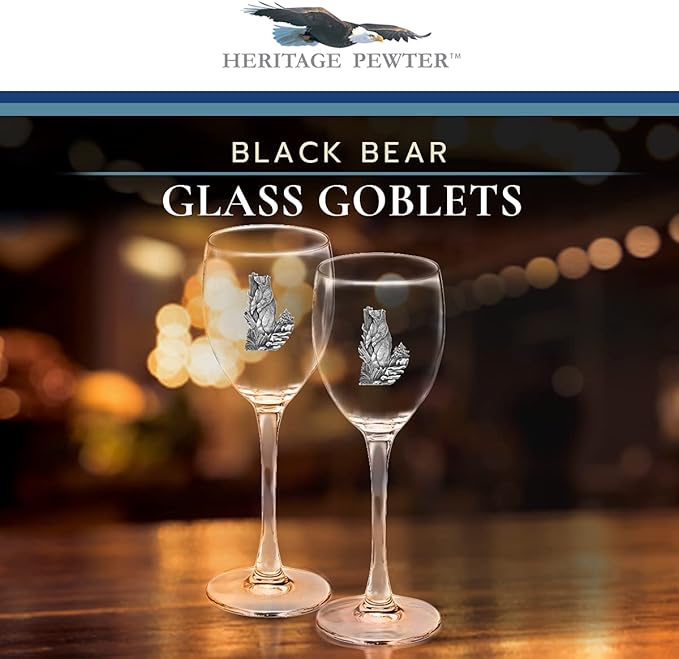 Heritage Pewter Black Bear Glass Goblets – Set of 2 | 12 OZ Goblet Wine Glasses | Expertly Crafted Pewter Glass