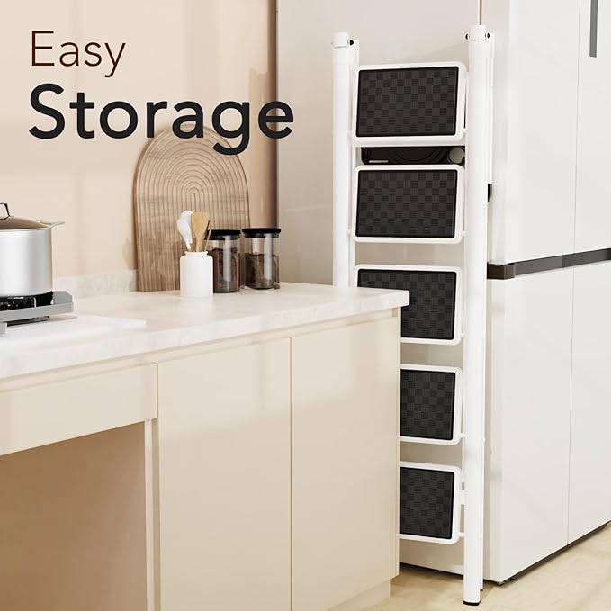 HBTower Step Ladder, Step Ladder Folding Step Stool, Portable Sturdy Steel Ladder Stool for Adults with Wide Pedals Home Outdoor Kitchen, White