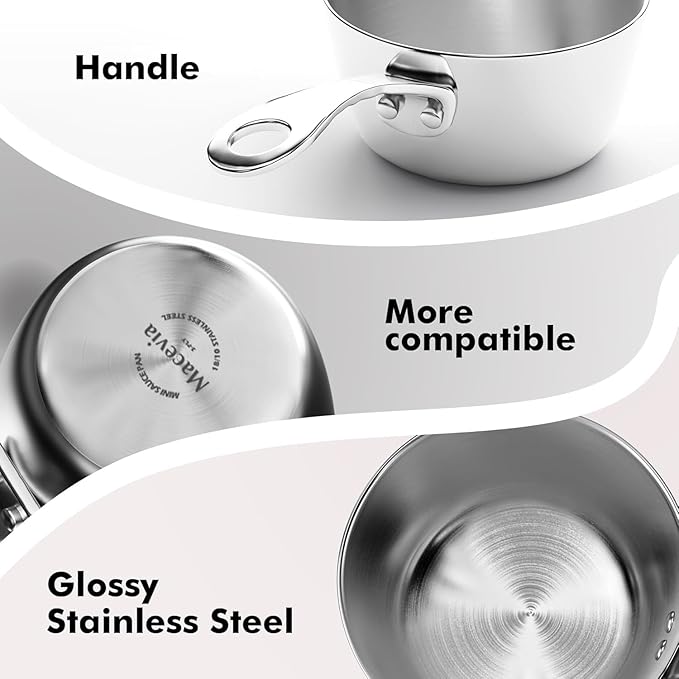 Macevia Mini Sauce Pan,18/10 Stainless Steel Butter Warmer Small Pot Cooking with Handle, Multipurpose Use for Home Kitchen or Restaurant (5oz/150ml) - Silver
