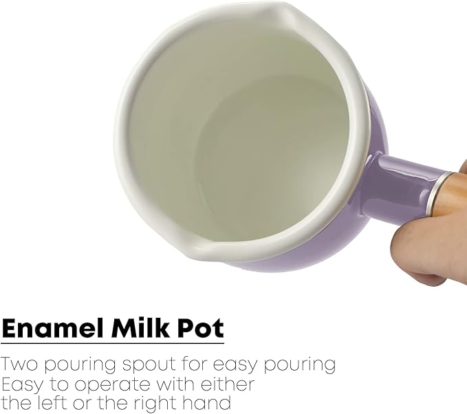 0.6qt Mini Enamel Milk Pot Insulated Wooden Handle 2 Pour Spouts Small Food Warmer Cute Saucepan(D015,Purple)