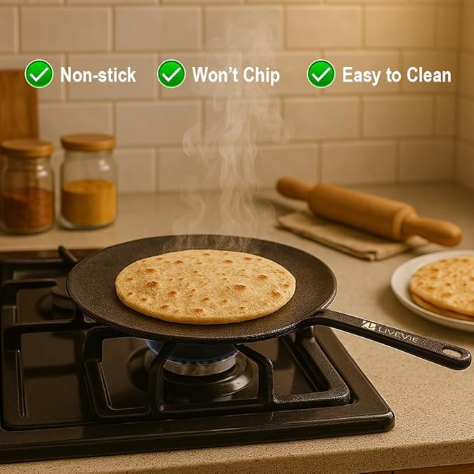 Concave Cast Iron Skillet Tawa – 10-Inch Pre-Seasoned Griddle Pan with 5.5-Inch Handle for Pancakes, Quesadillas, Grilled Sandwiches & More