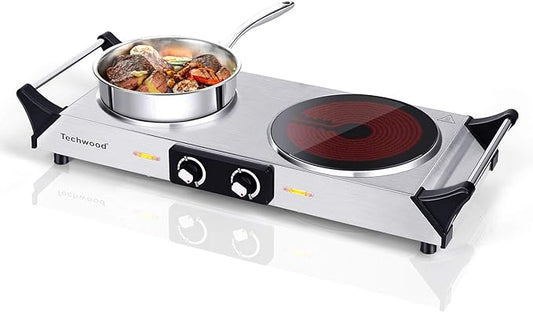 Techwood Electric Stove, Double Infrared Ceramic Hot Plates for Cooking, Two Control Cooktop Burner, Portable Anti-scald handles Suitable for Office/Home/Camp Use, 1800W Compatible for All Cookwares