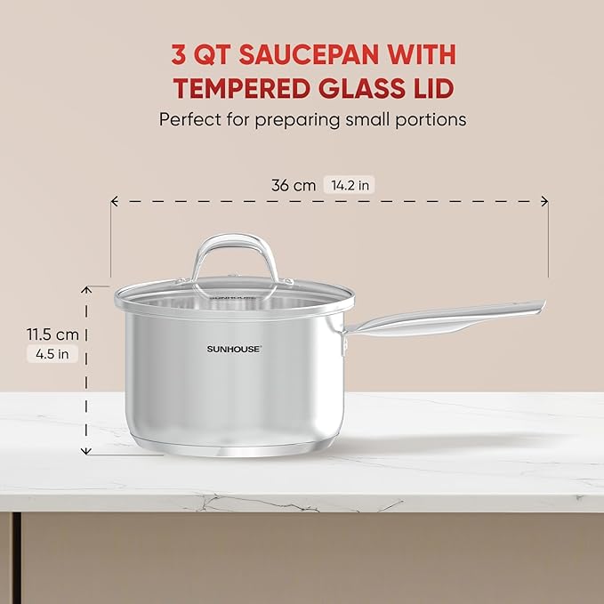 SUNHOUSE – 3 Quarts Stainless Steel Sauce Pan with Lid - PFOA-FREE, High Stainless Steel Sauce Pan, Advanced Impact Bonding Induction Base, Stay-Cool Handle, Compatible with All Cooktops