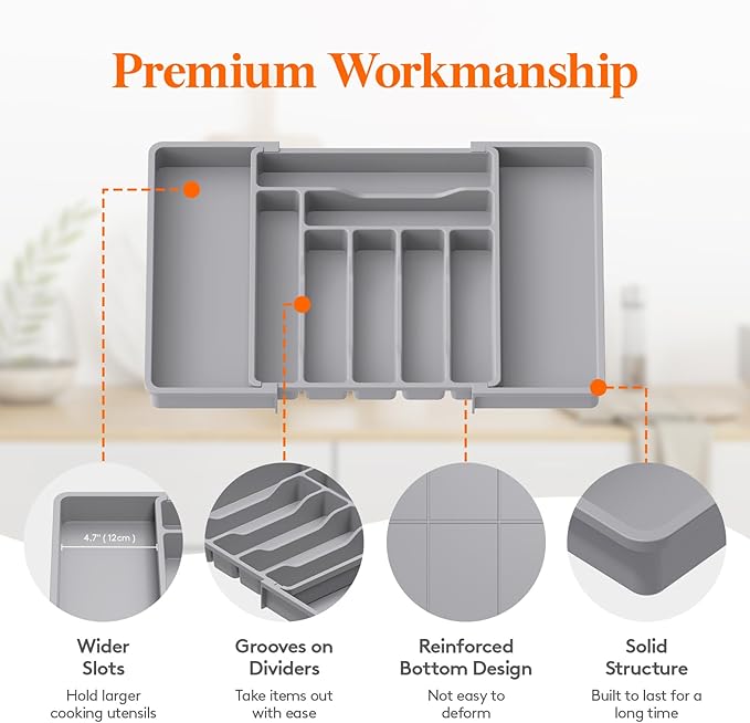 Lifewit Silverware Drawer Organizer, Expandable Utensil Organizer for Kitchen Drawers, Adjustable Cutlery and Flatware Tray, Plastic Spoons Forks Knives Holder Storage Dividers, Large, Gray