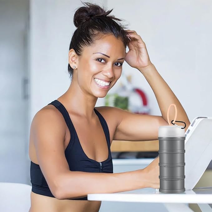 2 Pcs Protein Powder Container with Stackable Design, Portable Dispenser with Keychain, 4-Tier Leakproof Travel Powder Storage for Workout, Fitness, and Travel (Grey White)