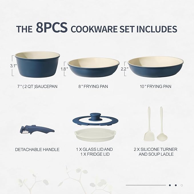 8PCS Ceramic Cookware,Nonstick Pan, Removable Handle Ceramic Pots and Pans Set, Stackable Set, Nonstick Pan Pots and Pans Set Non Stick pot(Blue)