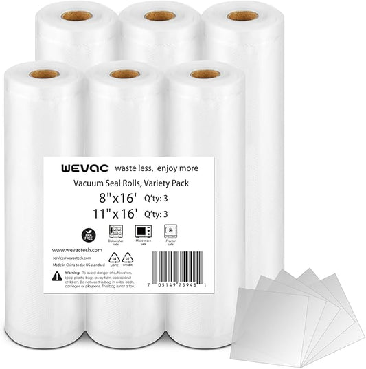 Wevac 6 Pack 11" x 16' and 8" x 16', Vacuum Sealer Bags Rolls for Food Saver, Weston, Commercial Grade, BPA Free, Heavy Duty, Great for vac storage, Meal Prep or Sous Vide