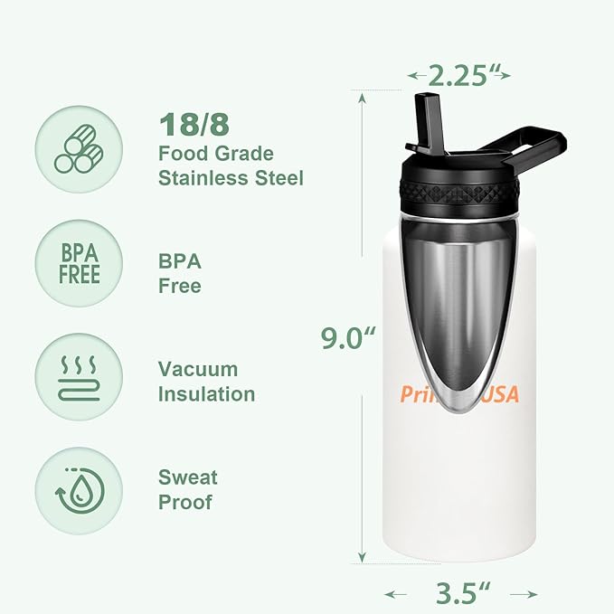 Personalized Custom Print in USA Water Bottle 75Pcs 32oz Stainless Steel Double Wall Coffee Cup with Lid & Straw Insulated Tumbler with Colorful Text Logo Photo