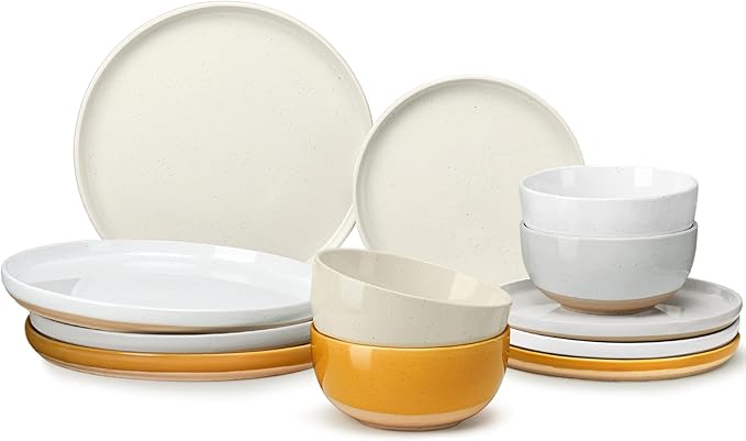 12 Pieces Farmhouse Stoneware Dinnerware Sets, Speckled Ceramic Plates and Bowls Set, Matte Terracotta Underside Ceramic Dishes Set for 4, Scratch Resistant Microwave & Dishwasher Safe (Autumn Melody)
