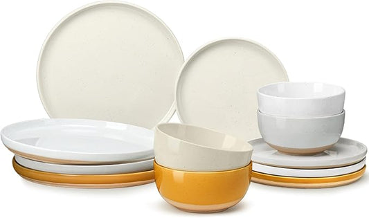 12 Pieces Farmhouse Stoneware Dinnerware Sets, Speckled Ceramic Plates and Bowls Set, Matte Terracotta Underside Ceramic Dishes Set for 4, Scratch Resistant Microwave & Dishwasher Safe (Autumn Melody)