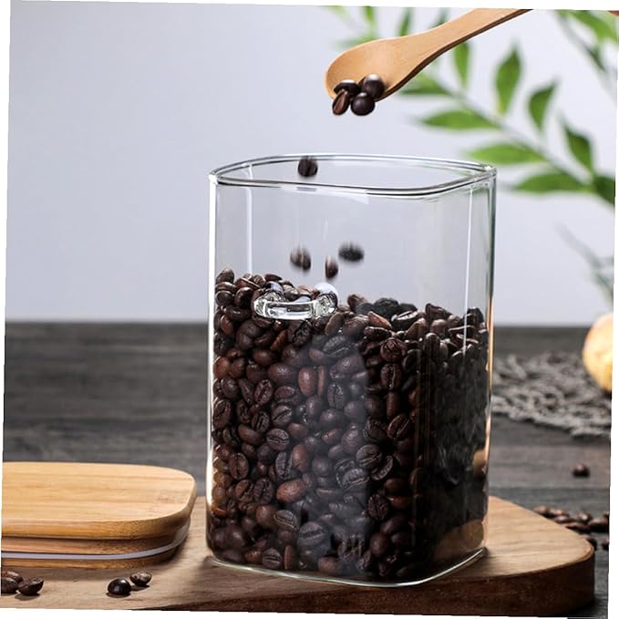 2 Sets Glass Food Storage Containers with Wood Lids and Spoons Airtight Sealed Clear Coffee Bean Holders and Tea Pots Easy Scoop Kitchen Pantry Jars for Freshness and Meal Prep