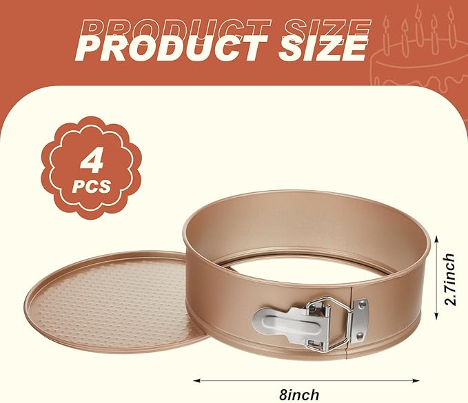 4 Pcs 8 Inch Non Stick Springform Pan with Removable Bottom Carbon Steel Round Springform Cheesecake Pan with Stainless Steel Spring Buckles for Baking Kitchens Restaurant(Champagne Gold)