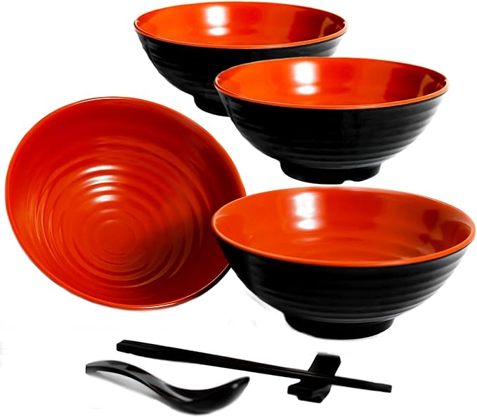4 Ramen Bowls, 12 pieces Pho set. Red Black Ramen Bowl Set. Unbreakable Melamine. Asian Japanese soup. Spoons And Chopsticks kit. . XL 37 oz. Noodles, Rice, Udon, Thai, Chinese, Korean, Wonton, Miso
