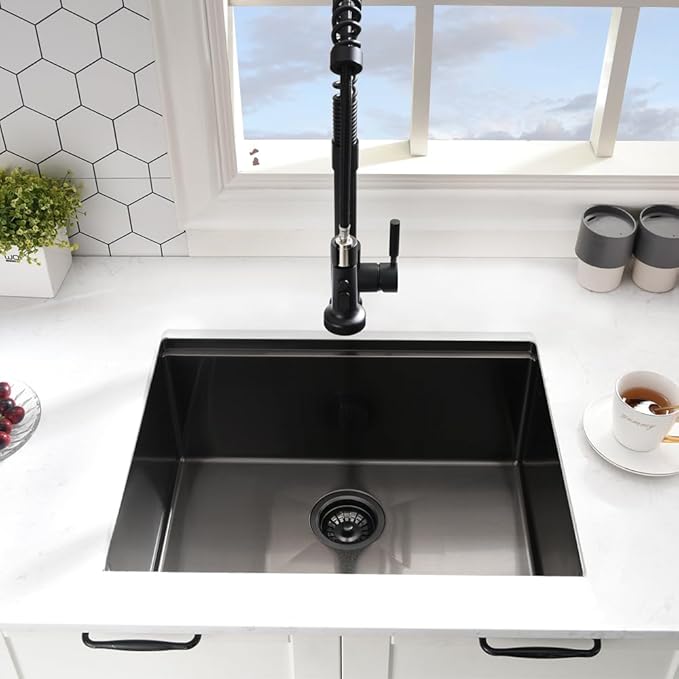 24 Inch Undermount Kitchen Sink Black 16 Gauge Stainless Steel Workstation Single Bowl Kitchen Sink Under Counter 10 Inch Deep Basin