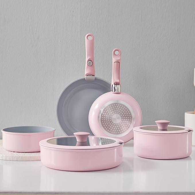 Pink Non Stick Pot and Pan Sets with Removable Handle, Ceramic Cookware Set Detachable Handle, Induction Kitchen Camping Stackable Pots Pans, Dishwasher/Oven Safe, PTFE/PFOA/PFOS Free