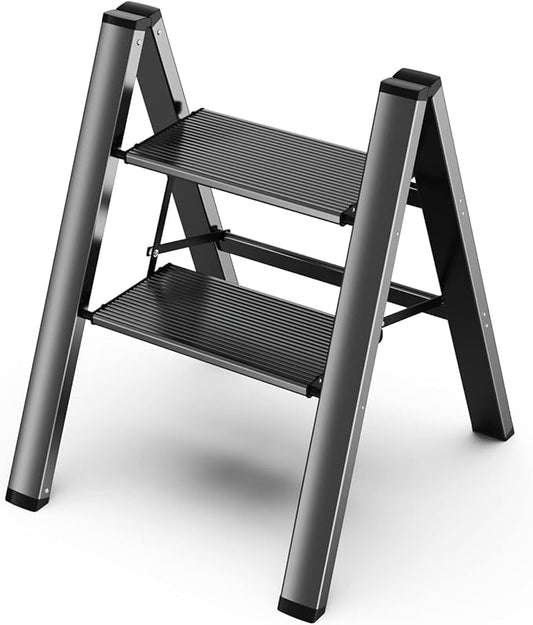 GameGem 2 Step Ladder, Aluminum Folding 2 Step Stool with Anti-Slip Sturdy and Wide Pedal, Lightweight Portable Stepladder for Home and Kitchen Use Space Saving, Black, 330 lbs