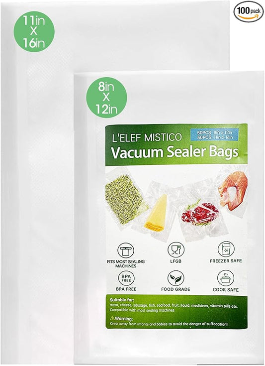 L'ELEF MISTICO Precut Vacuum Sealer Bags for Food, 50 Quart 8" x 12" & 50 Gallon 11"x16" BPA Free Food Saver, Vacuum Storage for Sous Vide and Freezer