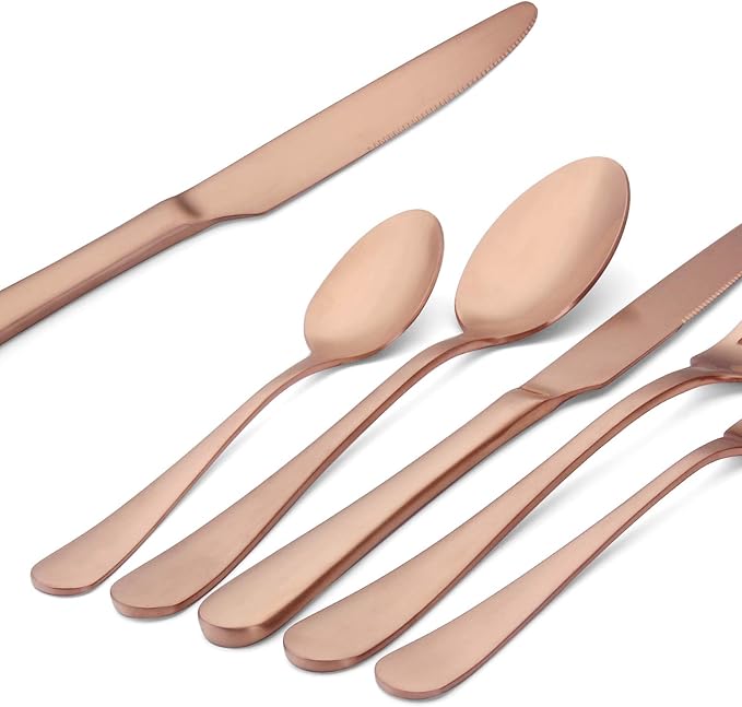 Matte Rose Gold Silverware Set , Satin Finish 20-Piece Stainless Steel Flatware Set with Round Edge,Kitchen Utensil Set Service for 4 , Dishwasher Safe