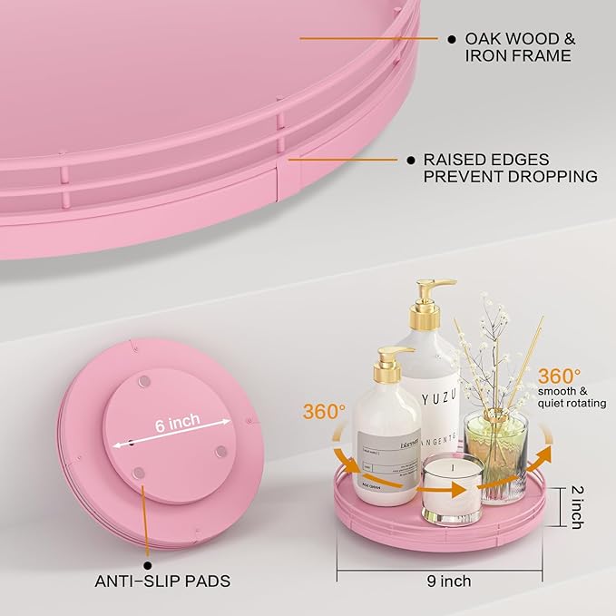 9" Oak Wood Decorative Tray for Home Decor, Tray for Coffee Table Decor Perfume Nightstand Vanity Bathroom Trays for Counter Candle Jewelry Makeup Farmhouse Table Centerpiece for Dining Room Pink