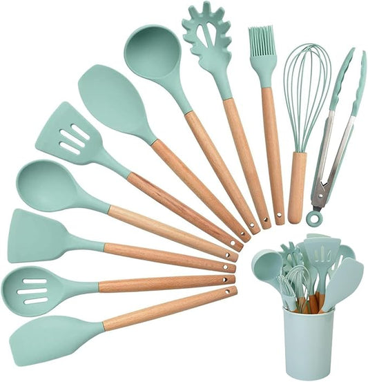 11Pcs Silicone Cooking Utensils Set with Wooden Handle, Heat Resistant Kitchen Utensil Set incl Spatula, Ladle, Tongs & Whisk, Non-Stick & Dishwasher Safe w/Holder
