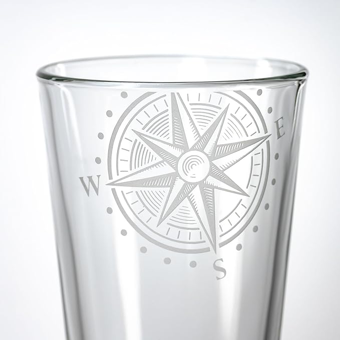 Rolf Glass Compass Star Pint Glass | 16oz Lead-Free Glass | Deep Sand Etched in the USA | Nautical Etched Design | Set of 4