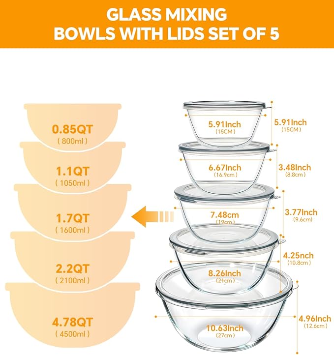 Glass Mixing Bowls with Lids Set of 5(4.78QT,2.2QT,1.7QT,1.1QT,0.85QT),Thick Glass Nesting Bowls for Kitchen Baking,Cooking Prep,Storage,Serving,Large Salad Bowls,Dishwasher Microwave Freezer Safe