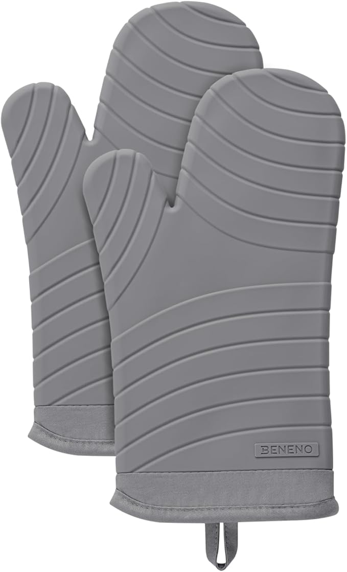 Beneno Premium Silicone Oven Mitts 2-Pack Heat Resistant 500°F, Soft Flexible Non-Slip Grips, BPA-Free & Waterproof Oven Mitts with Comfortable Cotton Lining for Baking, Grilling, Cooking, 7"x13" Gray
