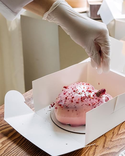 qiqee White 8x8x5 Cake Box, 4 Sets White Cake Box with Window ＆ 4 Sets 8" White Cake Round Boards, 8inch Cake Containers