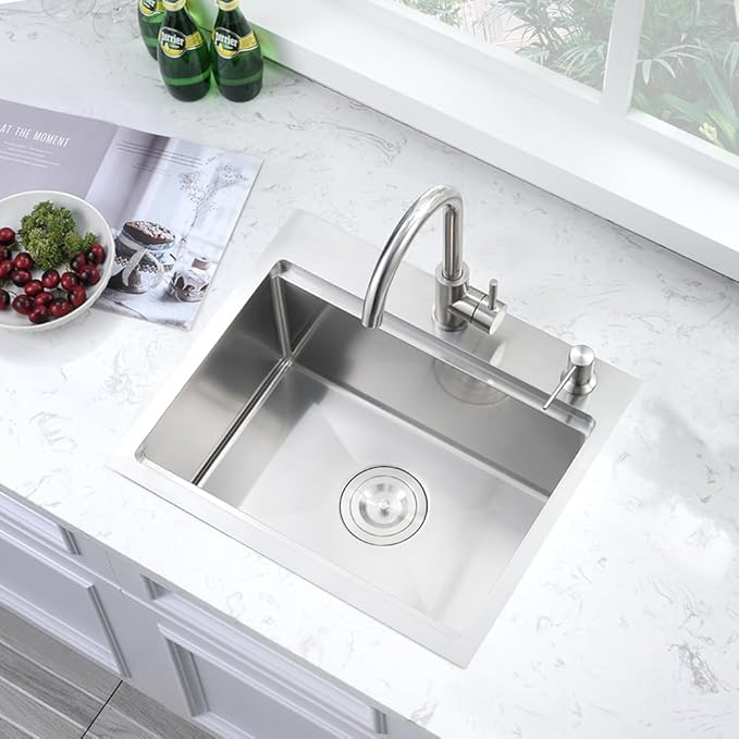 20 Inch Drop in Kitchen Sink, Single Bowl 16 Gauge Stainless Steel Topmount Small Kitchen Bar Sink Outdoor RV Workstation Basin (20"x17"x10")