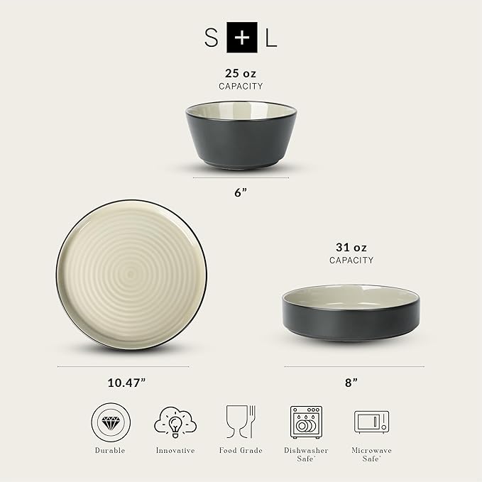 Stone Lain Elica Stoneware 12-Piece Dinnerware, Plates and Bowls Sets, Service for 4, Beige and Black, Modern Dishware, Microwave & Dishwasher Safe
