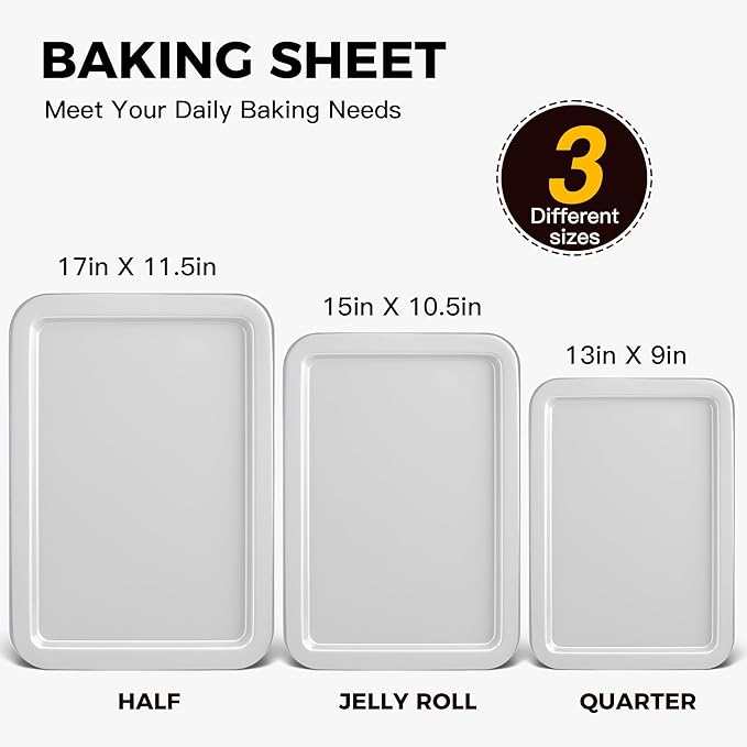 HONGBAKE Cookie Sheet, Baking Sheet Set, Nonstick Oven Pan with Wider Grips,3 Pack, Avoid Too Much Browning -Noble Silver