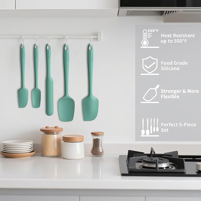 Coukre Silicone Spatula Set of 5,High Heat Resistant, Food Grade Silicone, Upgraded Extended Reinforced Handle,Dishwasher Safe, for Baking, Cooking (Pure Aqua Green, Solid color)