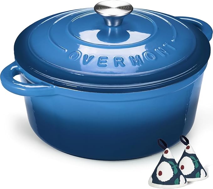 Overmont Enameled Cast Iron Dutch Oven - 5.5QT Pot with Lid Cookbook & Cotton Potholders - Heavy-Duty Cookware for Braising, Stews, Roasting, Bread Baking blue