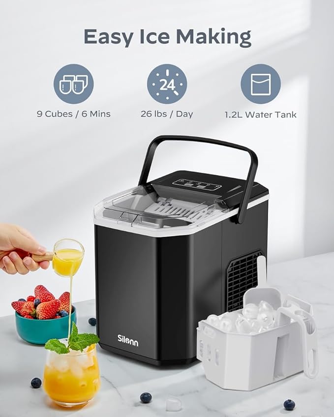 Silonn Ice Maker Countertop Machine with Handle, 26lbs in 24h, 9 Ice Cubes Ready in 6 Mins, Self-Cleaning Ice Makers with Basket and Scoop, Ideal for Home, Kitchen, Camping, RV